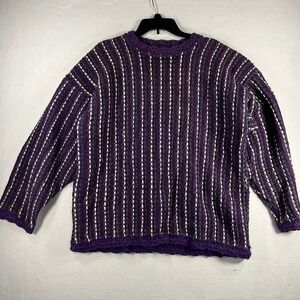 Runa Maki HAND MADE Wool Sweater Purple Striped XL Pullover Coogi Style